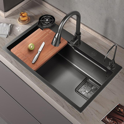 Gran fregadero multifunción de ranura única anti-rasguños LED pantalla digital de acero inoxidable Cascada de la cocina fregadero con taza Wa