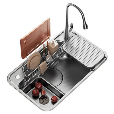 Lavadero de cocina de acero inoxidable 2024 Con 2 teclas de piano Garrafa de agua de cascada LED Gran ranura única Biónico Cajita de miel Negro Lavado Ba