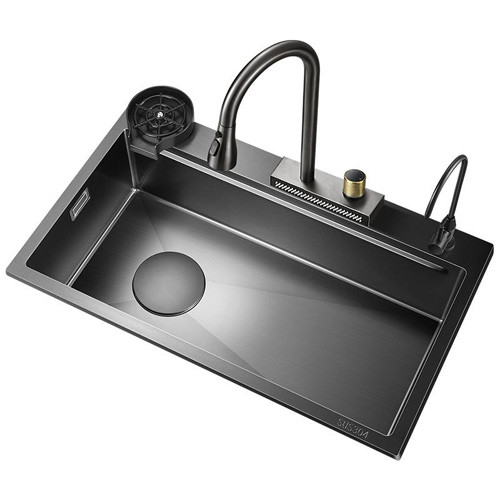 Lavadero de cocina de acero inoxidable 2024 Con 2 teclas de piano Garrafa de agua de cascada LED Gran ranura única Biónico Cajita de miel Negro Lavado Ba